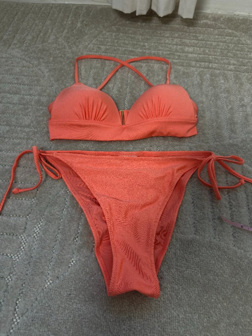 H&M Coral Bikini Set Crisscross Back Ruched Tie-Side Bottoms Size XS